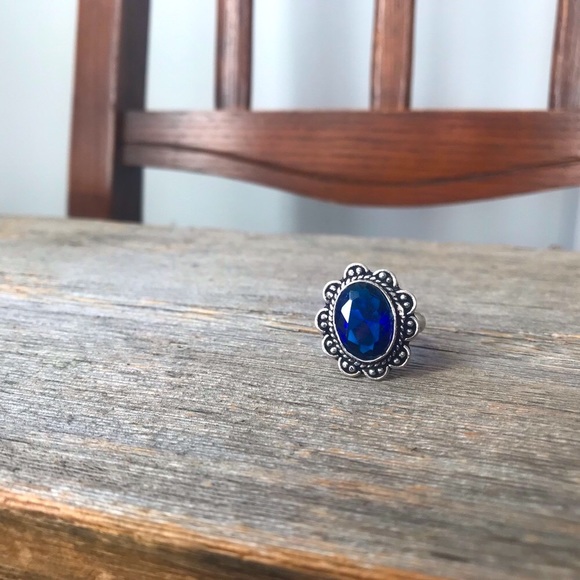 Sterling silver plated blue quartz cocktail ring oval scrollwork boho jewelry - Picture 5 of 7